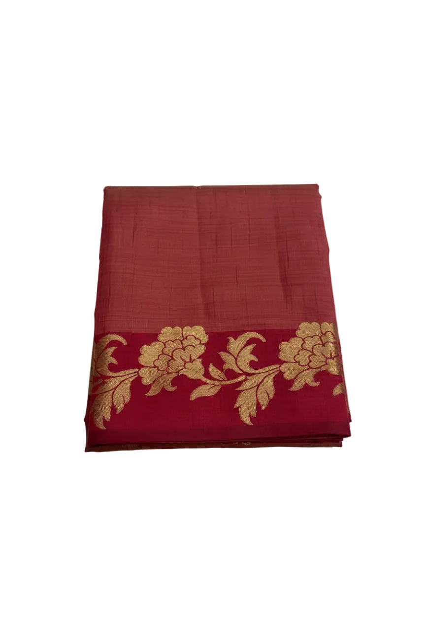 Maroon color with golden floral design tussar silk saree