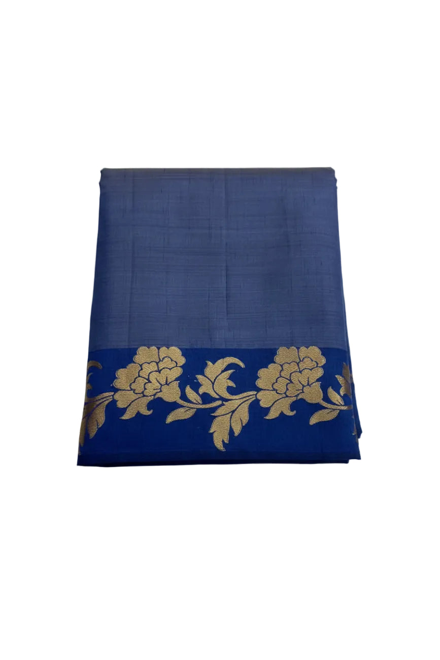 Navy blue color with golden color floral woven tussar silk saree