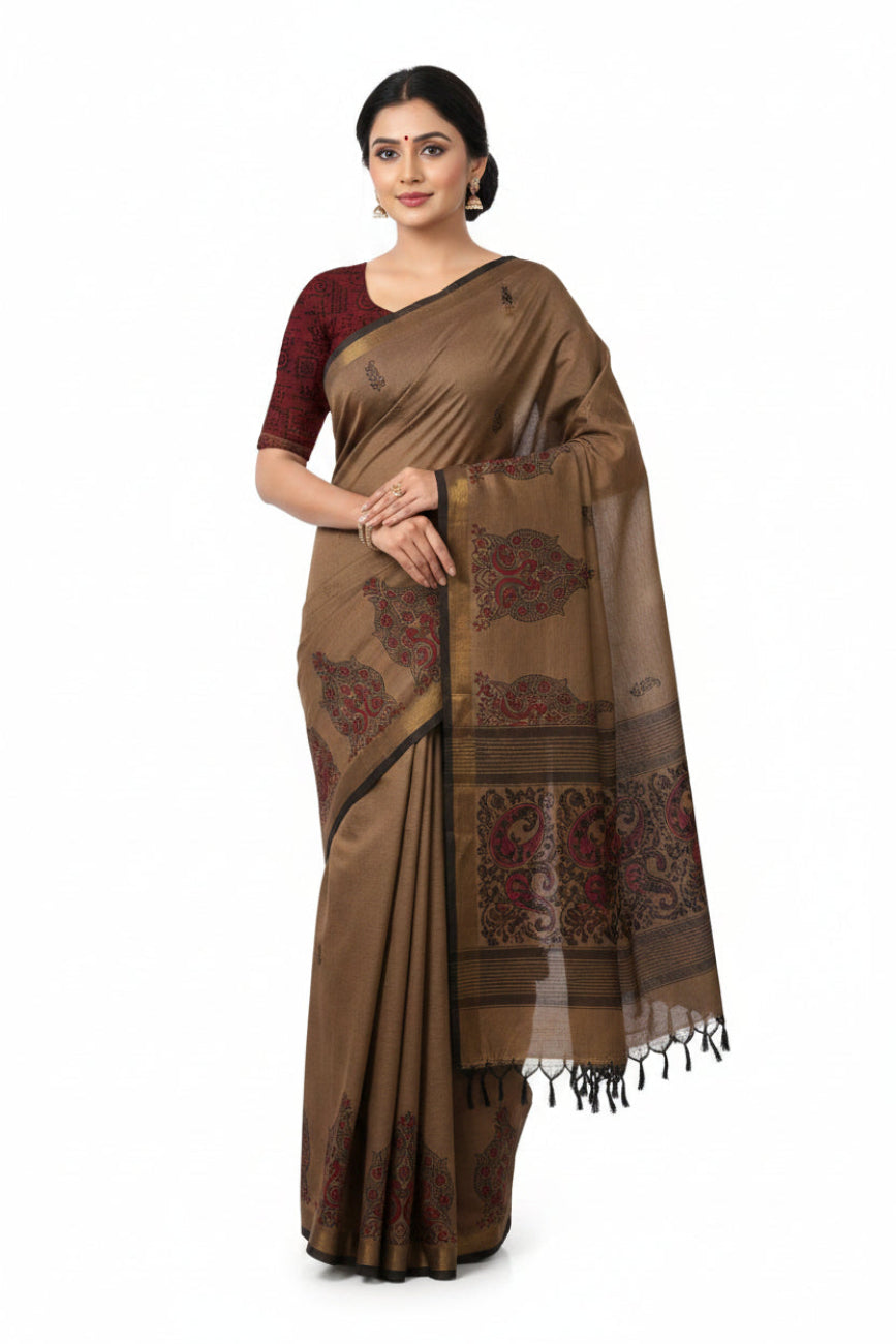 Brown with Maroon south cotton saree