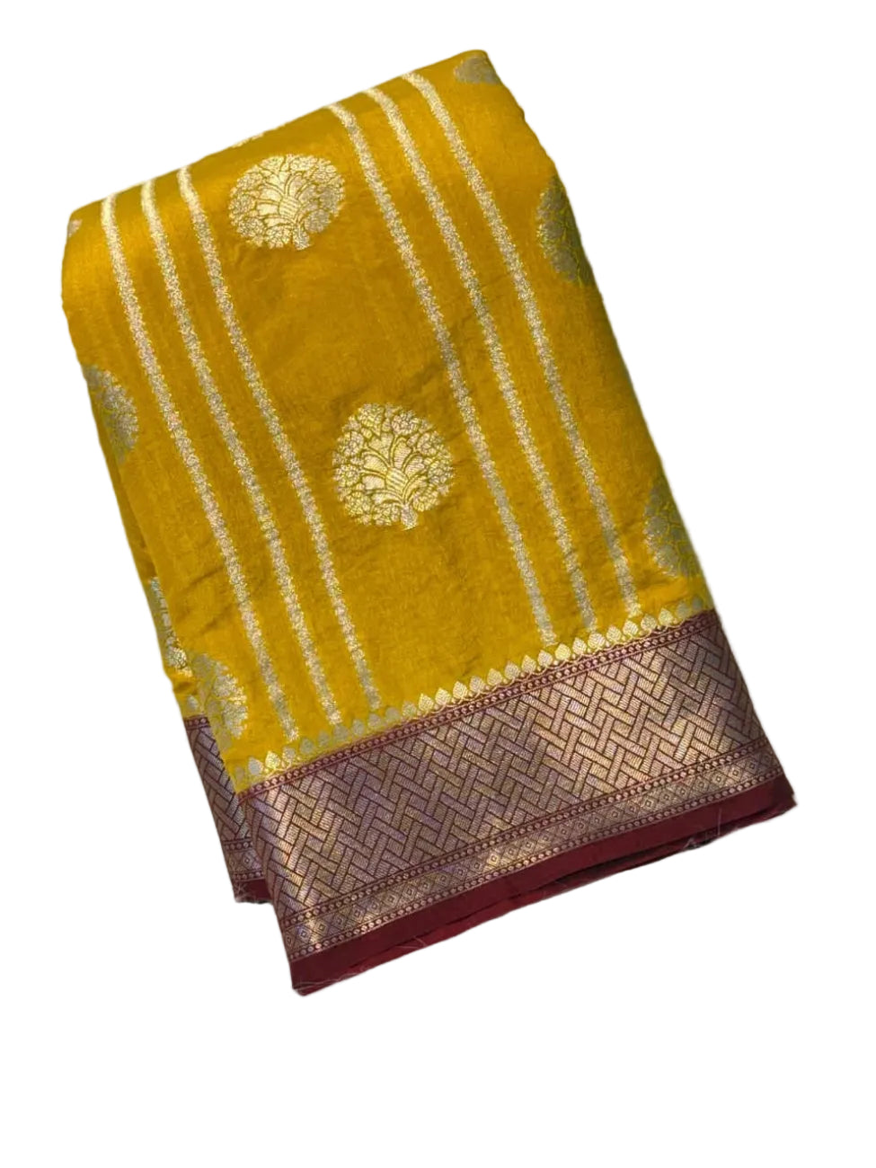 Mustard yellow with maroon color banarasi soft dupion silk saree