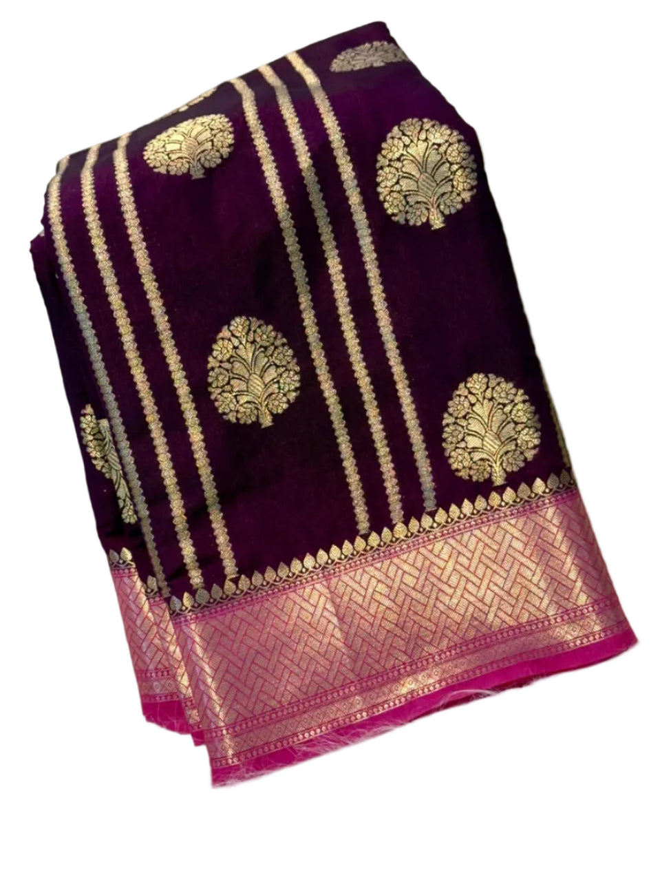 Deep purple with rani pink banarasi soft dupion silk saree