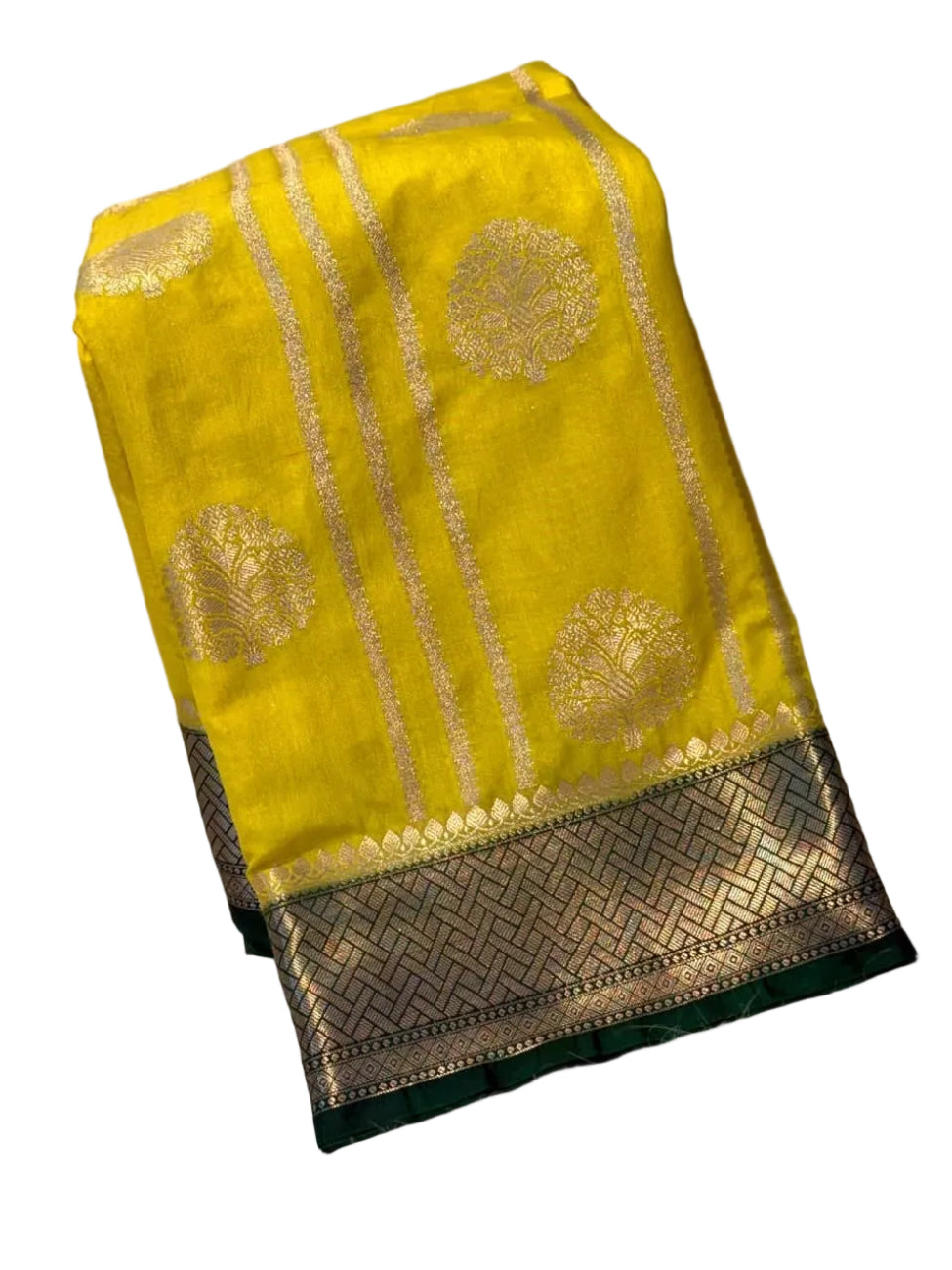 Yellow with dark green Banarasi soft dupion  silk saree