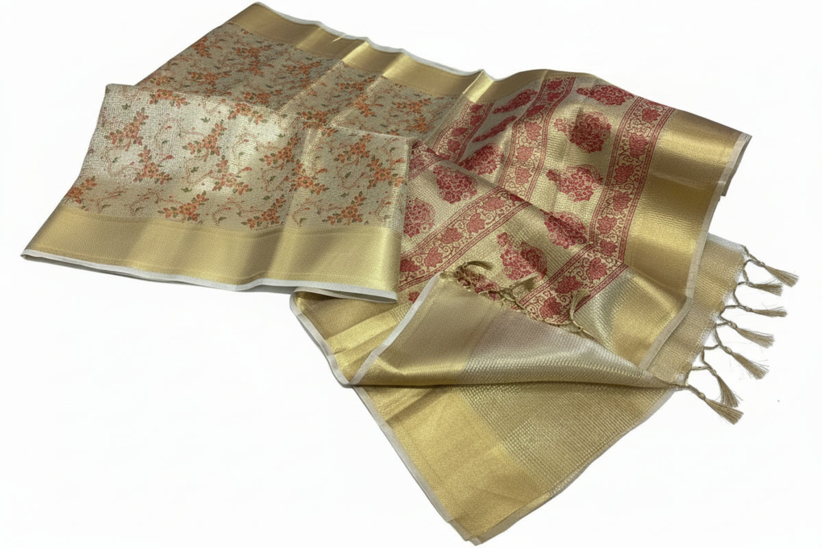 Metalic Gold With Red color work banaras soft printed tissue silk saree