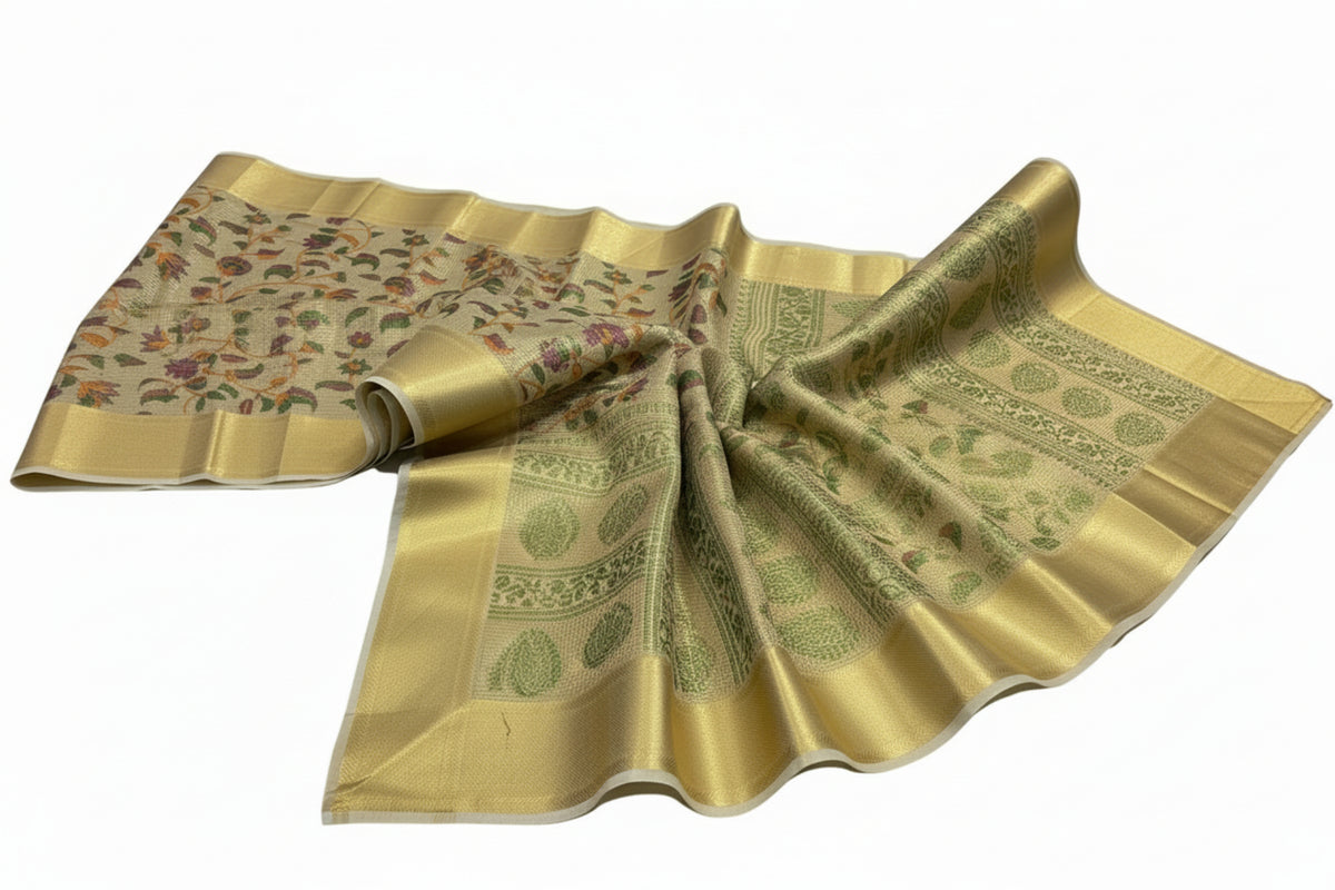 Metalic gold with green color banarasi soft printed tissue silk saree