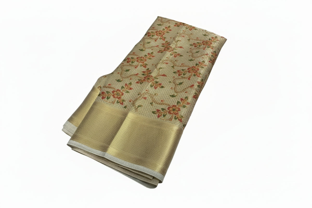 Metalic Gold With Red color work banaras soft printed tissue silk saree