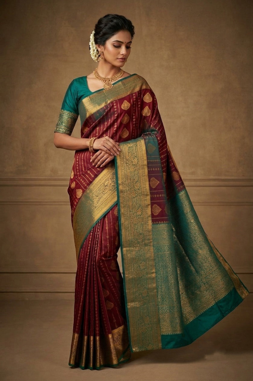 MAROON WITH PEACOCK GREEN KANCHI SEMI SILK SAREE