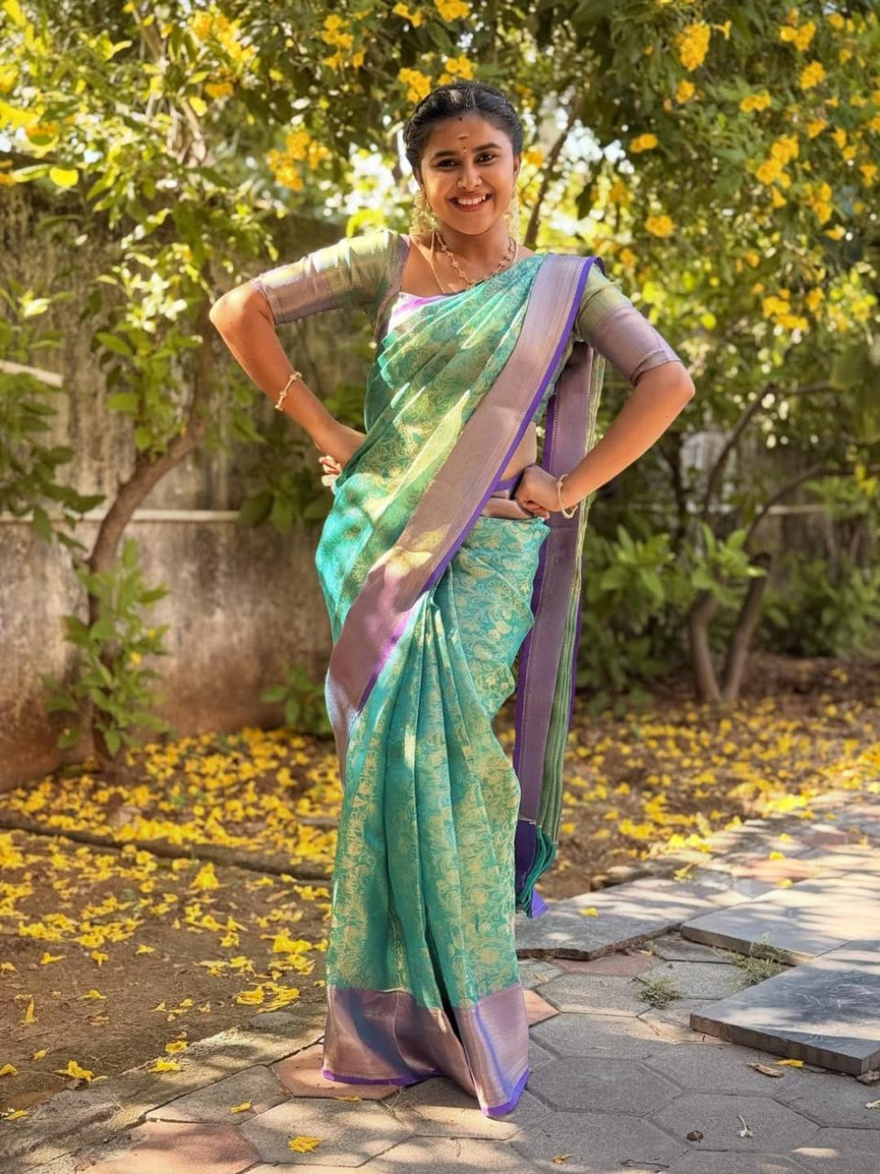 Teal green with Royal blue color Banarasi semi Katan soft Tissue silk saree