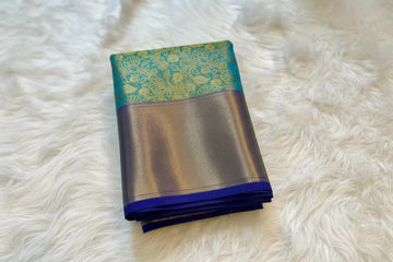 Teal green with Royal blue color Banarasi semi Katan soft Tissue silk saree