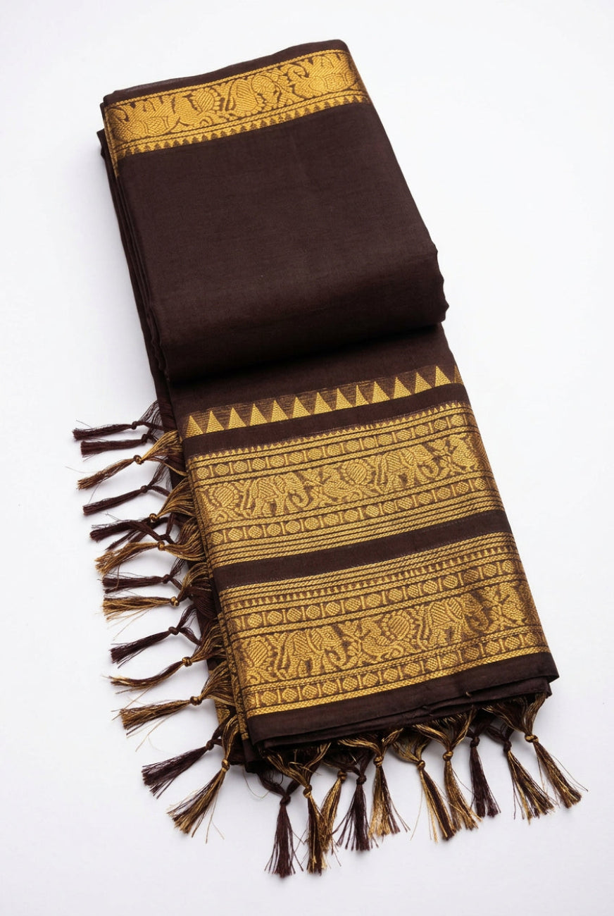 Dark Brown with Golden Zari Pure Kanchi cotton saree