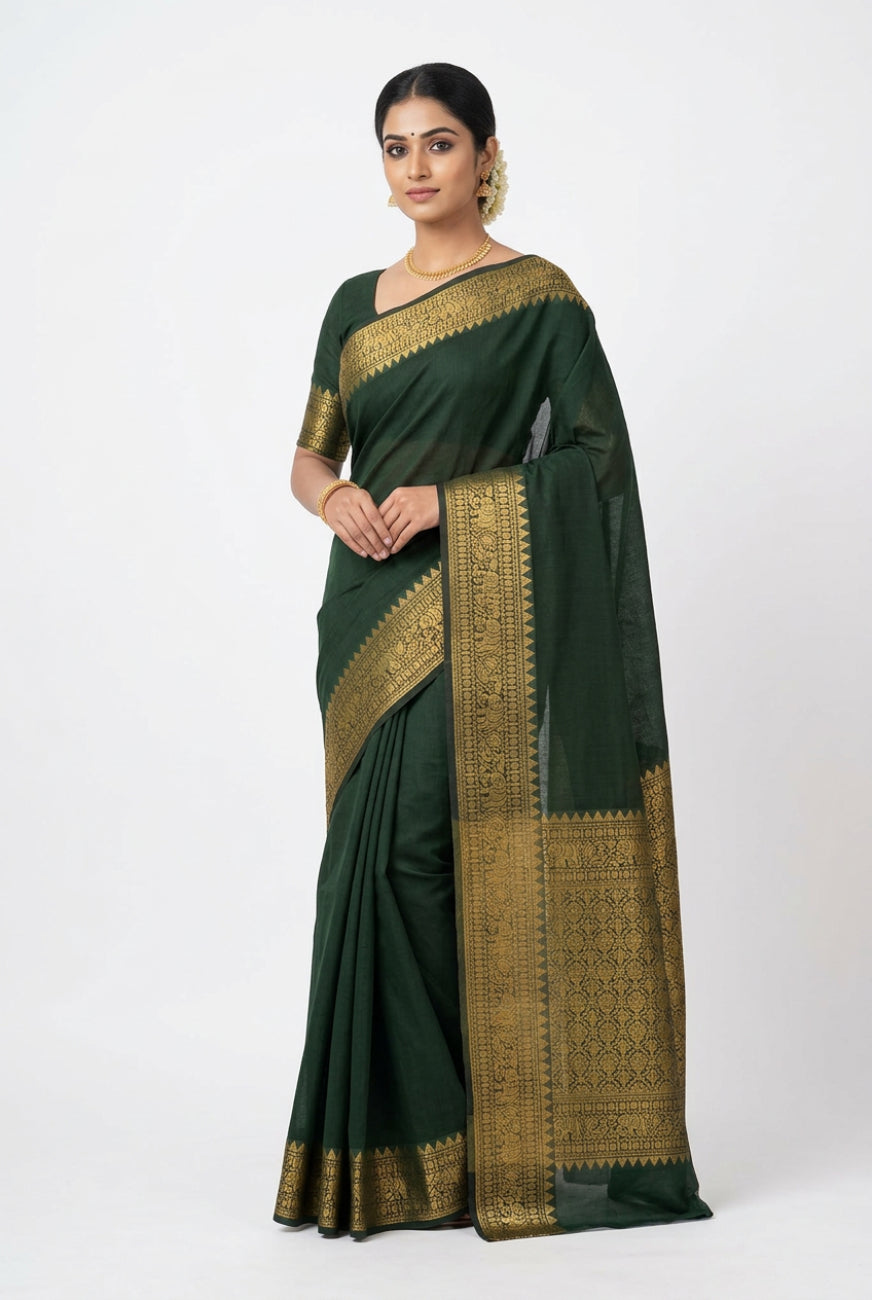 Dark Green With Gold Irattapetta Cotton saree