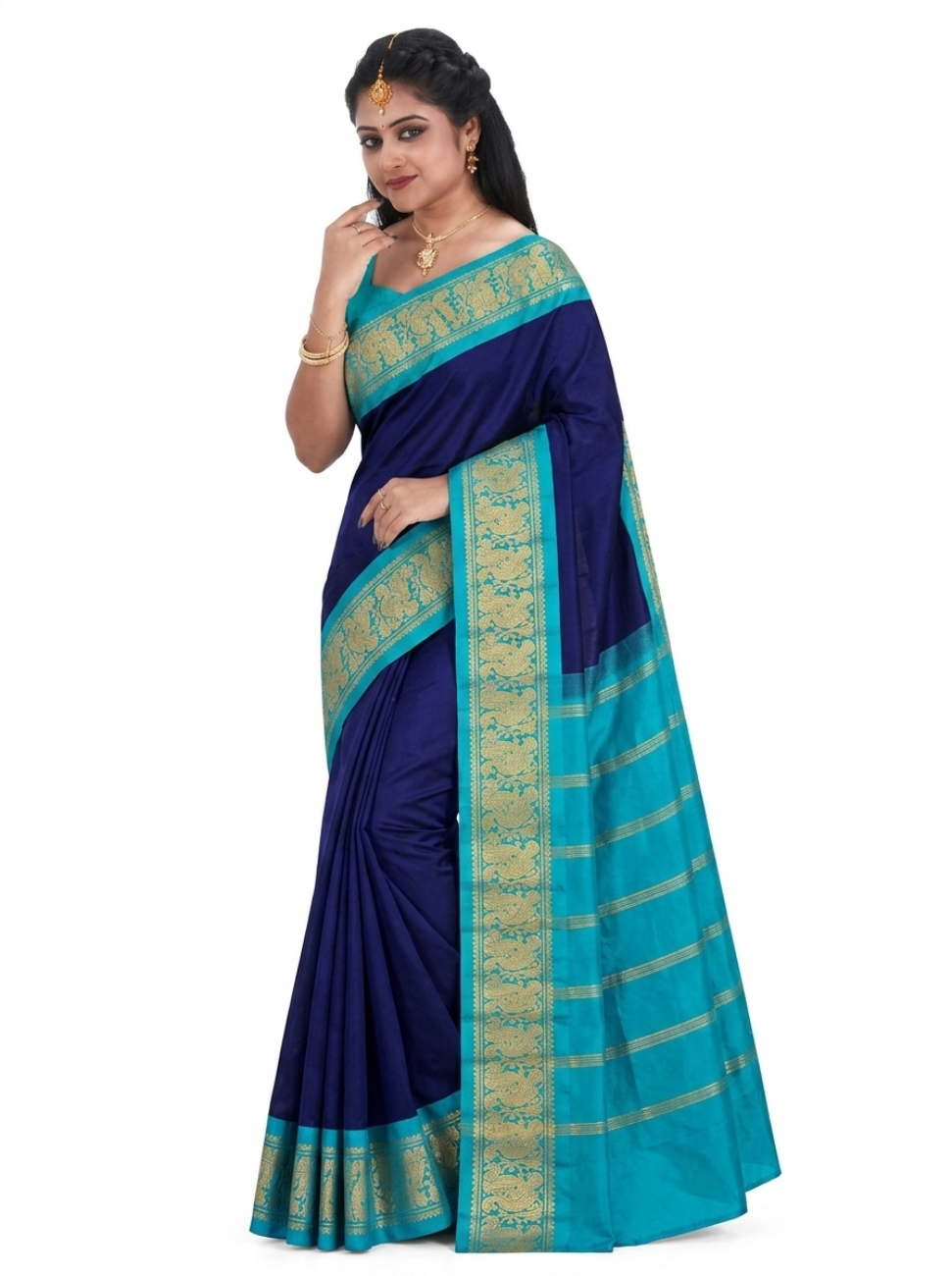 NAVY BLUE WITH AQUA BLUE SUNGUDI PURE COTTON SAREE