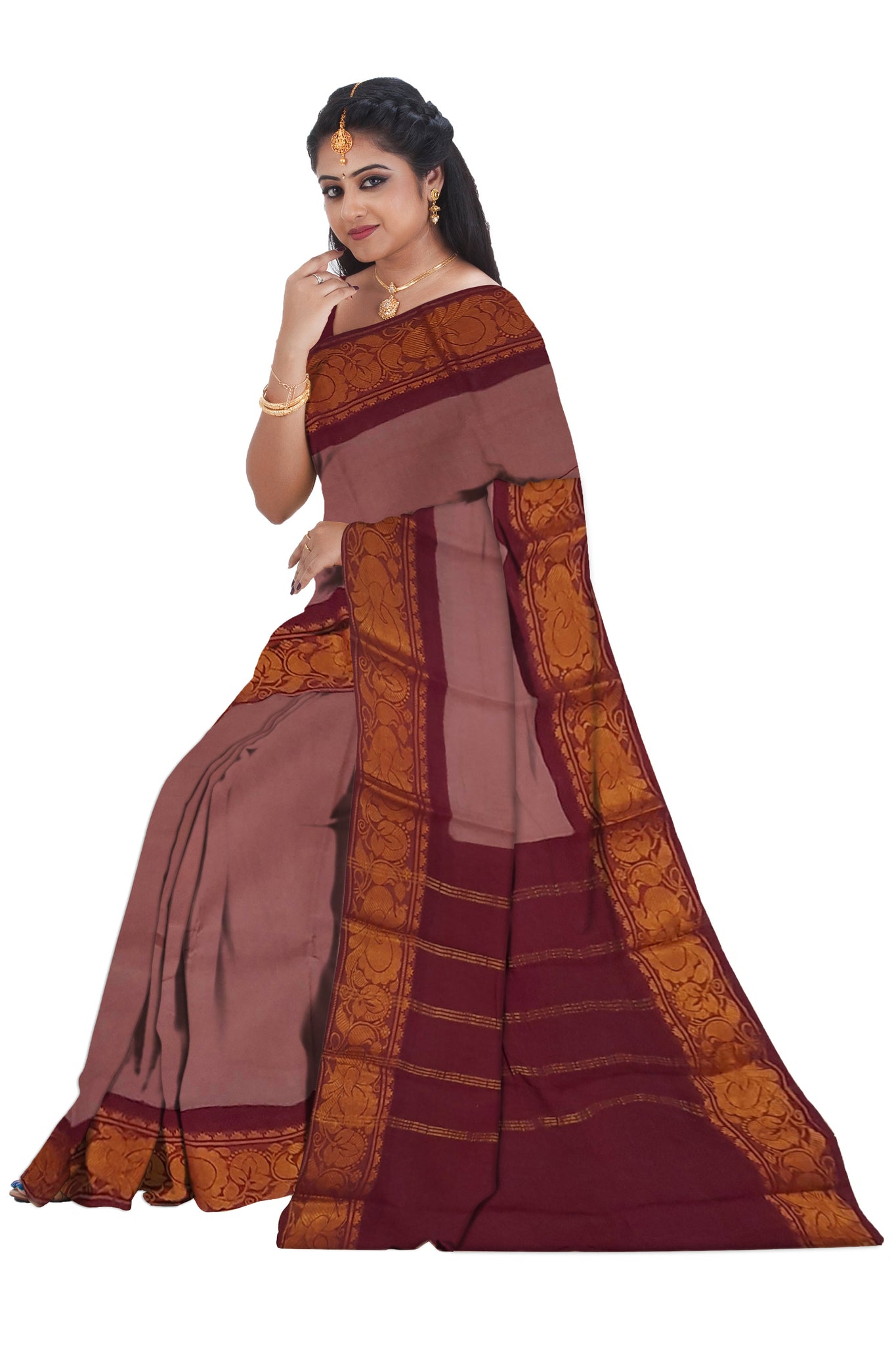 Brown With Maroon Sungudi Cotton Saree