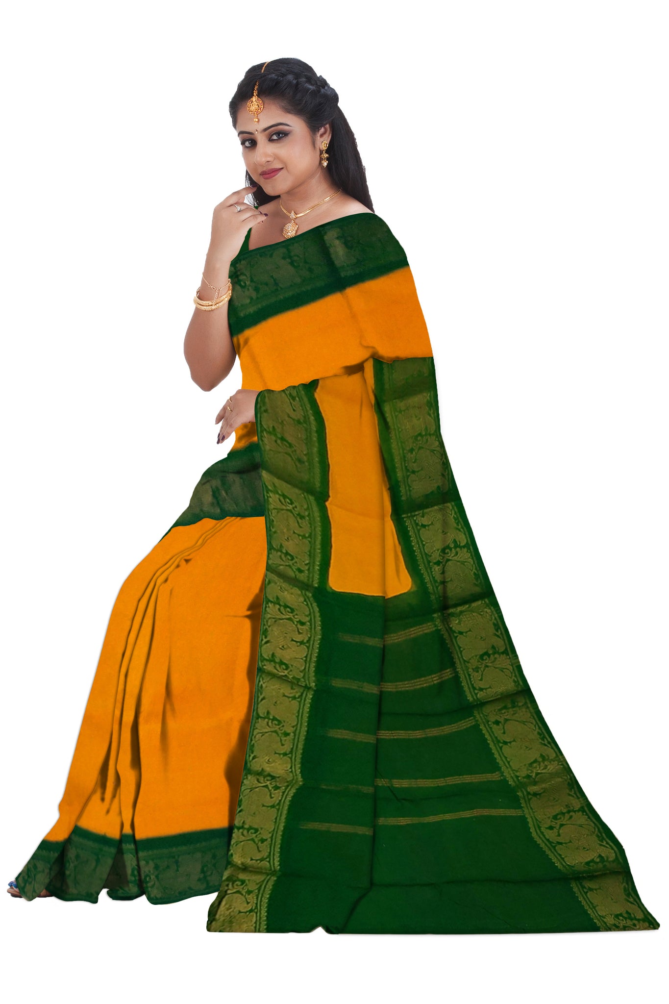 Yellow With Green Sungudi Cotton Saree